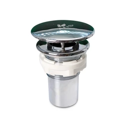 A chrome pop-up sink drain stopper with a white plastic collar and a polished metal body on a plain white background.