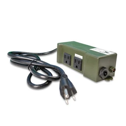 A dark green rectangular electrical box with two black outlet sockets, a black power cord with a three-prong plug, and a small round switch fitting on the right end, shown on a white background.