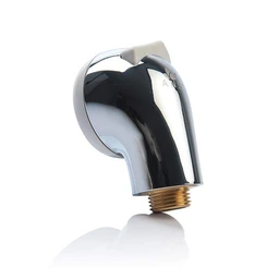 A polished chrome shower wall elbow with a brass threaded male end and a white plastic tab, shown against a plain white background.