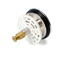 A chrome drain stopper with a black rubber O-ring, a white plastic mesh strainer disc, and a brass-tipped bolt shaft against a white background.