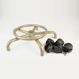 A champagne-gold powder-coated steel five-legged stool base with a central hub sits beside five black plastic rolling casters with metal stems on a white background.