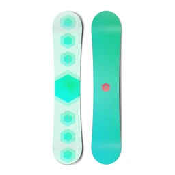 Top and bottom view of a snowboard. The top view shows 7 stacked hexagons and the bottom view shows a small, centred hexagonal logo for Hydrogen.