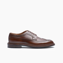 A men's dress shoe: a brown-crimson longwing brogue oxford with wingtip perforations and decorative medallion broguing along the toe and sides. The shoe sits on a dark, slightly beveled sole with a low stacked heel, showcasing a polished Chromexcel leather finish. Visible attributes include rich crimson-brown color, smooth and glossy leather, and classic brogue detailing.