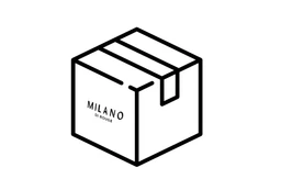 Black line drawing of a cardboard shipping box with a Milano Di Rouge logo on white background.