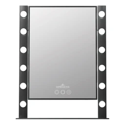A rectangular freestanding vanity mirror with a black metal frame, twelve round bulbs along two side columns, and three touch controls below the glass.
