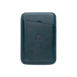 Leather Magnetic Wallet in ocean color with a card slot and embossed logo