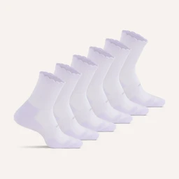 Product is a pack of white quarter-length socks with a delicate scalloped edge in a light lavender tint. The styling is simple and clean, suggesting a unisex or women’s casual wear use, with a cushioned build implied by the “High Performance Max Cushion” label. Visible attributes: white fabric, short ankle cut, scalloped lavender trim, six pairs in the pack.