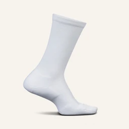 A white therapeutic crew sock shown in a side profile, designed with a high, ribbed cuff and a visibly cushioned sole for added comfort. Audience inferred as unisex (suitable for men and women) from its neutral color and athletic, mid-calf cut. Notable attributes include a white fabric, ribbed cuff, mid-calf length, and a visibly cushioned, seamless sole for support.