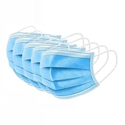 A stack of five blue disposable three-layer face masks with white ear loops, fanned out on a white background.