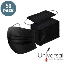 A stack of black disposable three-ply nonwoven face masks with elastic ear loops, with one mask unfolded in front, on a white background beside a '50 Pack' badge and a Universal Nail Supplies logo.