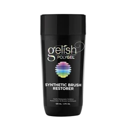 A black cylindrical plastic bottle with a black cap labeled Gelish PolyGel Synthetic Brush Restorer, with a multicolored swirl graphic on the front.