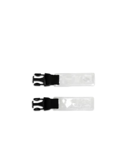 Two clear plastic reflector tails with black fabric straps and metal attachment hardware shown on a white background.
