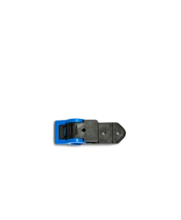 Small black and blue plastic pannier bracket photographed on a white background.