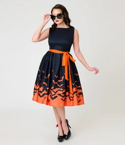 unique-vintage-black-orange-bat-print-margaret-swing-dress-1158675